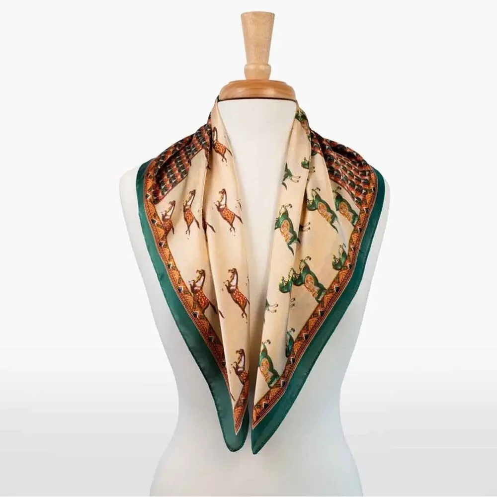 Equestrian Horse Print Silk Scarf in Teal & Cream